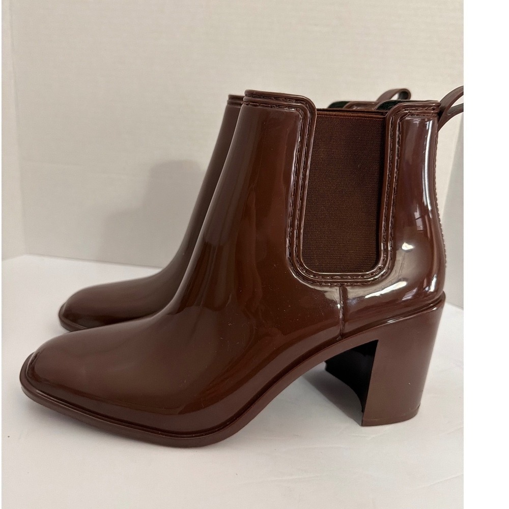 Jeffrey Campbell Stormy Rain Boots Brown Glossy Block Heel Chelsea Ankle Boot 10